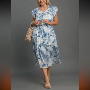 Umgee Blue and White Scenic Midi Dress